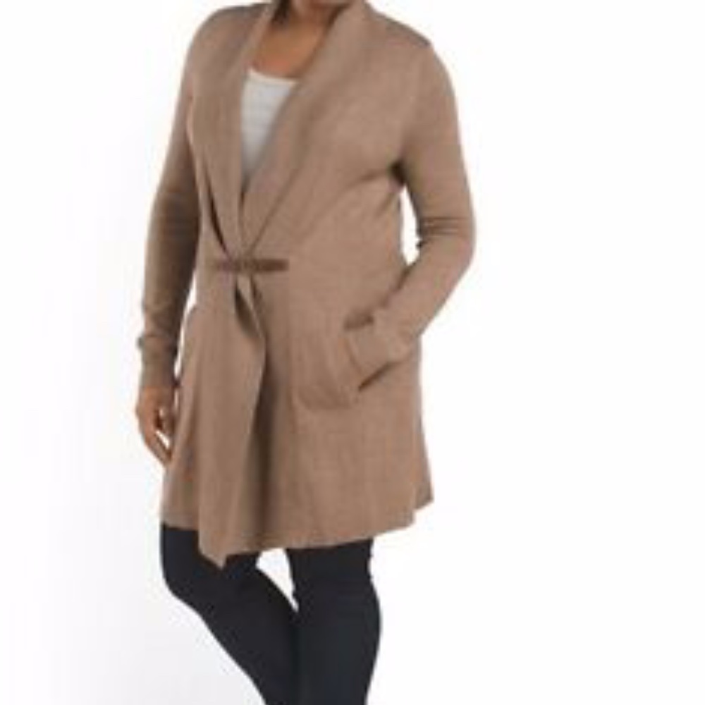 Ellen Tracy tan wool buckle sweater, tan wool cardigan, buckle wool cardigan